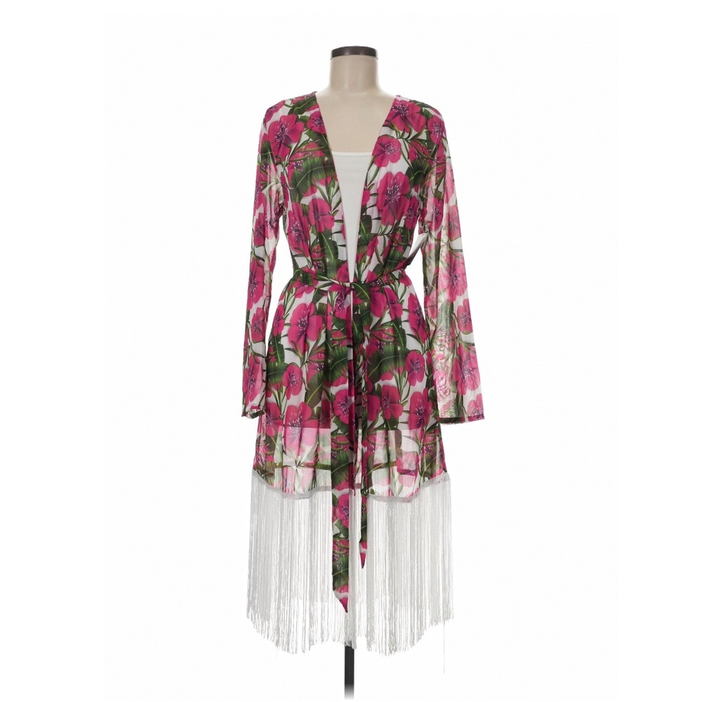 Boston Proper Floral Fringe Kimono Cover Up Pink Medium Tropical Boho NWT